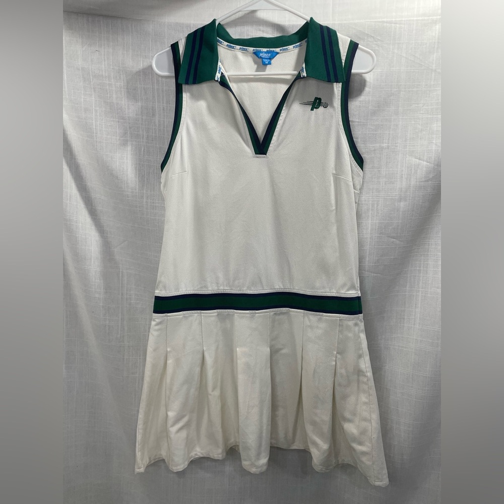 Prince Pickle Ball Dress White, Navy And Green Stripes, Collard, Pleated Skirt
